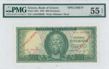 GREECE: Specimen of 500 Drachmas (8.8.1955) in deep green on light blue, light orange and light green unpt. Socrates at center on face. S/N: "A.06 000...