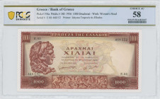 GREECE: 1000 Drachmas (16.4.1956) in deep brown on ochre, blue and red unpt. Portrait of Alexander the Great at left on face. S/N: "E.08 468152". WMK:...