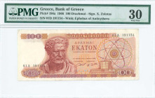 GREECE: 100 Drachmas (1.7.1966) in red and dark red on multicolor unpt. Demokritos at left on face. S/N: "01Δ 191154". Signature by Zolotas. WMK: The ...