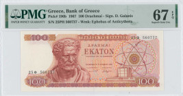 GREECE: 100 Drachmas (1.10.1967) in red and dark red on multicolor unpt. Demokritos at left on face. S/N: "25Φ 560737". WMK: The youth of Anticythera....