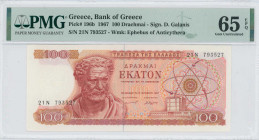 GREECE: 100 Drachmas (1.10.1967) in red and dark red on multicolor unpt. Demokritos at left on face. S/N: "21N 793527". WMK: The youth of Anticythera....