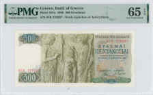 GREECE: 500 Drachmas (1.11.1968) in green and dark green on multicolor unpt. Goddess Demeter, Triptolemos and Persefoni at center left on face. S/N: "...