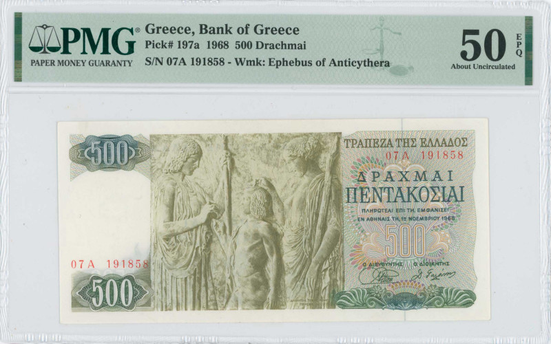 GREECE: 500 Drachmas (1.11.1968) in green and dark green on multicolor unpt. God...