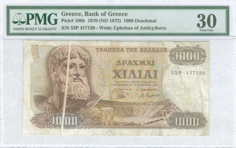 GREECE: 1000 Drachmas (1.11.1970 / issued in 1972) in brown on multicolor unpt. ...