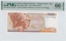 GREECE: Replacement of 100 Drachmas (8.12.1978) in red and violet on multicolor unpt. Goddess Athena at left on face. S/N: "00A 193580". Variety: With...