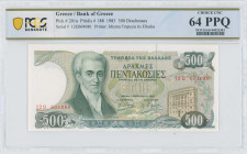 GREECE: 500 Drachmas (1.2.1983) in dark green on multicolor unpt. Ioannis Kapodistrias at left on face. S/N: "12Ω 604080". WMK: The Charioteer from De...