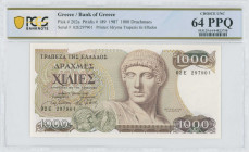 GREECE: 1000 Drachmas (1.7.1987) in dark brown on multicolor unpt. God Apollo at center right on face. S/N: "02E 297901". WMK: The Charioteer from Del...