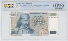 GREECE: 5000 Drachmas (1.6.1997) in dark blue on multicolor unpt. Theodoros Kolokotronis at left on face. S/N: "01Φ 171666". WMK: Philip the second an...