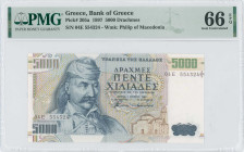 GREECE: 5000 Drachmas (1.6.1997) in dark blue on multicolor unpt. Theodoros Kolokotronis at left on face. S/N: "04E 554324". WMK: Philip the second an...