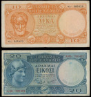 GREECE: Lot of 2 banknotes composed of 10 Drachmas (15.1.1954) & 20 Drachmas (15.1.1954). S/Ns: "αε 095675" & "Α.05 338421". (Hellas 184+185) & (Pick ...