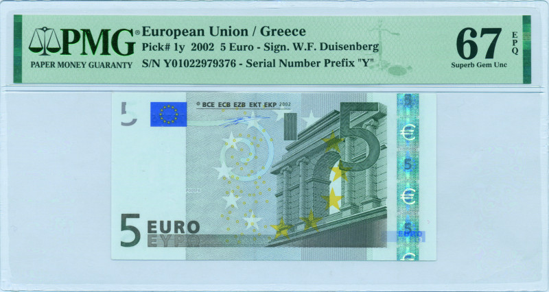 GREECE: 5 Euro (2002) in gray and multicolor. Gate in classical architecture at ...