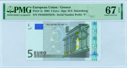 GREECE: 5 Euro (2002) in gray and multicolor. Gate in classical architecture at right on face. S/N: "Y01022979376". Printing press and plate "P005F6"....