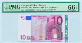 GREECE: 10 Euro (2002) in red and multicolor. Gate in romanesque period at right on face. S/N: "Y01906759936". Printing press and plate "F001I3". Sign...
