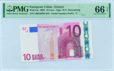 GREECE: 10 Euro (2002) in red and multicolor. Gate in romanesque period on face. S/N: "Y00420281488". Printing press and plate "N001G1". Signature by ...