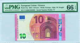 GREECE: 10 Euro (2014) in red and multicolor. Gate in romanesque period on face. S/N: "YA5801494202". Printing press and plate "Y009F1". Signature by ...