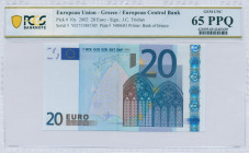 GREECE: 20 Euro (2002) in blue and multicolor. Gate in gothic architecture on face. S/N: "Y02753885305". Printing press and plate "N006H3". Signature ...
