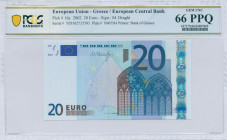 GREECE: 20 Euro (2002) in blue and multicolor. Gate in gothic architecture on face. S/N: "Y05502735595". Printing press and plate "N007H4". Signature ...
