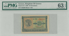 GREECE: 10 Drachmas (6.4.1940) in blue on light green and light brown unpt. Ancient coin with Goddess Demeter at left on face. S/N: "A49 236308". WMK:...
