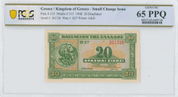 GREECE: 20 Drachmas (6.4.1940) in green on light lilac and orange unpt. God Poseidon at left on face. S/N: "B27 201326". WMK: Cell shape pattern. Prin...