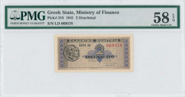 GREECE: 2 Drachmas (18.6.1941) in black and purple on light brown unpt. Ancient coin of Alexander the Great at left on face. S/N: "ΛΔ 069578". Printed...