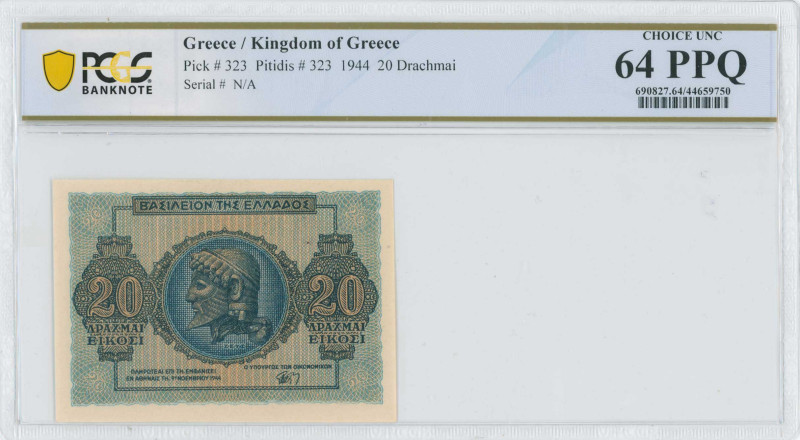 GREECE: 20 Drachmas (9.11.1944) in blue on orange unpt. God Zeus at center on fa...