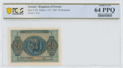 GREECE: 20 Drachmas (9.11.1944) in blue on orange unpt. God Zeus at center on face. Printed in Athens. Inside holder by PCGS "CHOICE UNC 64 PPQ". (Hel...