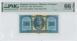 GREECE: 100 Drachmas (10.7.1950) in blue on yellow unpt. Constantine the Great at center on face. S/N: "αδ.01 553342". WMK: "ΒΑΣΙΛΕΙΟΝ ΤΗΣ ΕΛΛΑΔΟΣ". P...