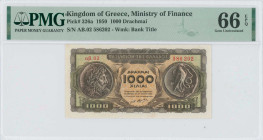 GREECE: 1000 Drachmas (10.7.1950) in brown on green and orange unpt. Ancient coins with Philip the second at left and bird with snake at right on face...