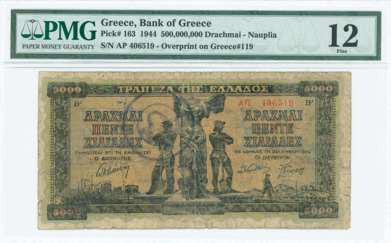 GREECE: 500 million Drachmas (19.9.1944). Black ovpt on back of 5000 Drachmas (H...