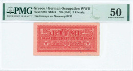 GREECE: 5 Reichpfennig (ND 1944) in dark red. Eagle with small swastika in unpt at center on face. Wermacht notes of German armed forces handstamped i...