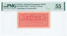 GREECE: 5 Reichpfennig (ND 1944) in dark red. Eagle with small swastika in unpt at center on face. Wermacht notes of German armed forces handstamped i...