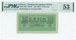 GREECE: 10 Reichpfennig (ND 1944) in light green. Eagle with small swastika in unpt at center on face. Wermacht notes of German armed forces handstamp...