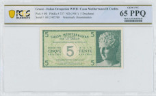 GREECE: 5 Drachmas (ND 1941) in dark green on light green unpt. Hermes of Praxiteles at right on face. S/N: "0012 905789". WMK: "5". Printed in Italy....