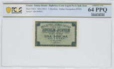 GREECE: 1 Drachma (ND 1942) in dark green on light green unpt. Value at center on face. S/N: "004 949043". Printed in Italy. Inside holder by PCGS "CH...