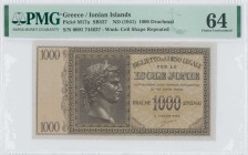 GREECE: 1000 Drachmas (ND 1942) in dark brown on light brown unpt. Augustus Ceasar at center-left on face. S/N: "0001 744627". WMK: Cell shape pattern...