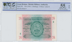 GREECE: 2 Shillings - 6 Pence (1944 circulated in Greece) in green on pink unpt. Coat of arms of the British army at center on face. Issued by the Bri...