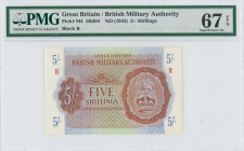 GREECE: 5 Shilings (circulated in Greece in 1944) in brown on blue and green unpt. Coat of arms of the British army at right on face. Issued by the Br...