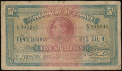 CYPRUS: 5 Shillings (1.2.1952) in brown-violet and blue. Portrait of King George VI at center on face. S/N: "F/3 393245". Half-cut in the middle. (Pic...