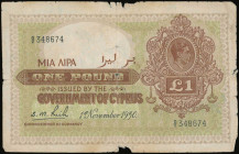 CYPRUS: 1 Pound (1.11.1950) in brown on green unpt. Portrait of King George VI at upper right on face. S/N: "G/2 348674". Printed by (TDLR). Worn, hol...