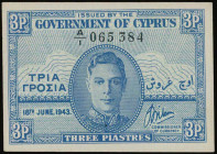 CYPRUS: 3 Piastres (18.6.1943) in blue. Portrait of King George VI at center on face. S/N: "A/1 065384. Pressed. (Pick 28a). Extra Fine.
