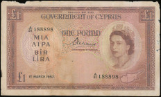 CYPRUS: 1 Pound (1.6.1955) in brown on multicolor unpt. Portrait of Queen Elizabeth II at right and map at lower right on face. S/N: "A/21 188898". WM...