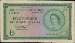 CYPRUS: 5 Pounds (1.6.1955) in green on multicolor unpt. Portrait of Queen Elizabeth II at right and map at lower right on face. S/N: "A/7 003389". WM...