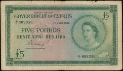 CYPRUS: 5 Pounds (1.6.1955) in green on multicolor unpt. Portrait of Queen Elizabeth II at right and map at lower right on face. S/N: "A/1 809356". WM...