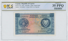CYPRUS: 250 Mils (1.12.1961) in blue on multicolor unpt. Fruits at left and arms at right on face. S/N: "A/4 028232". WMK: Eagle head. Printed by (BWC...