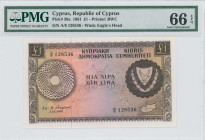 CYPRUS: 1 Pound (1.12.1961) in brown on multicolor. Arms at right and map of Cyprus at lower right on face. S/N: "A/8 128536". WMK: Eagle head. Printe...