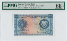CYPRUS: 250 Mils (1.12.1964) in blue on multicolor unpt. Fruits at left and arms at right on face. S/N: "B/11 015998". WMK: Eagle head. Printed by (BW...