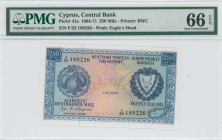 CYPRUS: 250 Mils (1.12.1969) in blue on multicolor unpt. Fruits at left and arms at right on face. S/N: "F/23 189226". WMK: Eagle head. Printed by (BW...