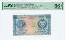 CYPRUS: 250 Mils (1.9.1971) in blue on multicolor unpt. Fruits at left and arms at right on face. S/N: "H/29 048303". WMK: Eagle head. Printed by (BWC...