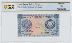 CYPRUS: 250 Mils (1.6.1972) in blue on multicolor unpt. Fruits at left and arms at right on face. S/N: "I/35 062945". WMK: Eagle head. Printed by (BWC...