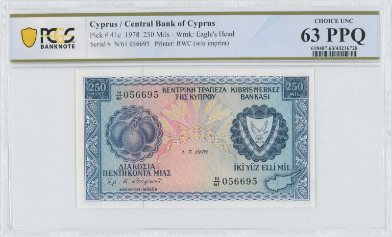 CYPRUS: Lot of 3x 250 Mils (1.5.1978) in blue on multicolor unpt. Fruits at left...